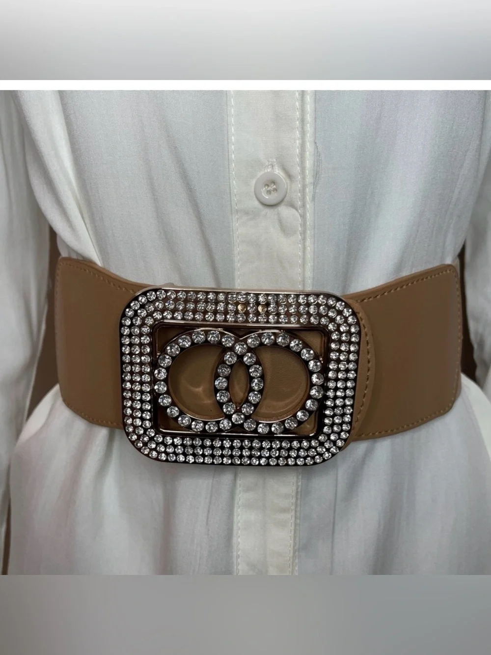 Brown square buckle with rhinestones details elastic waistband belt